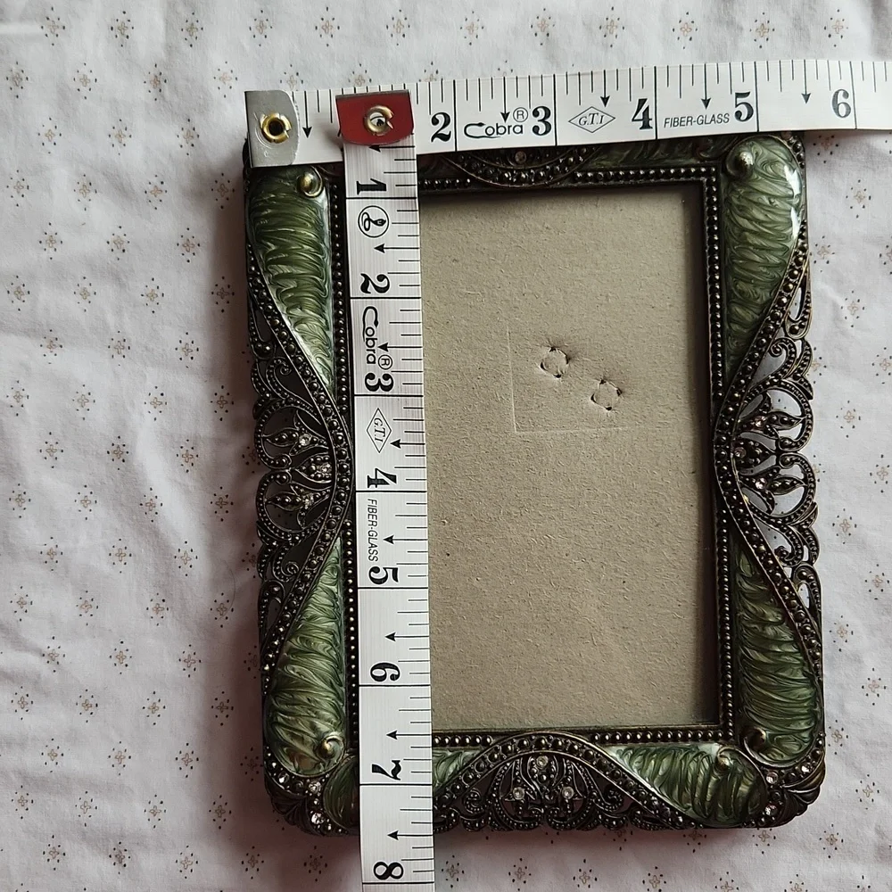 Vintage Green Enamel and Rhinestone Filigree Elegant  Ornate Photo Frame